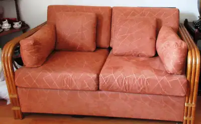 Pet Free home Hardy used - 2 seater with cushions - recently upholstered - Bamboo arms and sides Per...