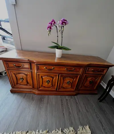 Mid-20th Century Spanish Revival Oak Credenza, Ornate Brass, View more