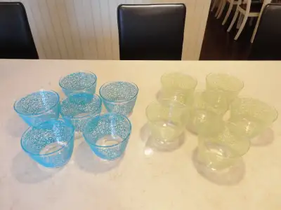 Selling this 12 Piece Set of Ikea "Ideel" retired Decorative Blue & Yellow Patterned Glass Desert Cu...