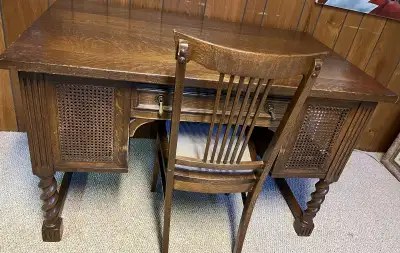 Antique solid Oak desk with chair, View more
