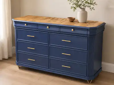 Refinished navy blue 9 drawer wooden dresser, View more