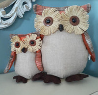 Linen & plaid pair of owls - fall decor - country farmhouse