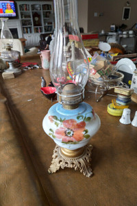 Beautiful Vintage Coal Oil Lamp, Milk Glass Body, Metal Base