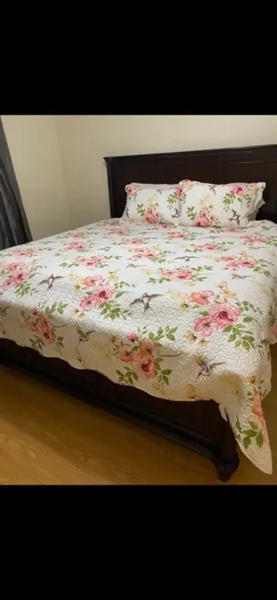 King Size Dark Wood Bed Frame with 2  Nightstands And Wardrobe, View more