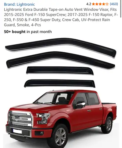 Lightronic Extra Durable Tape-on Auto Vent Window Visor, Fits 2015-2025 Ford F-150 SuperCrew; 2017-2...