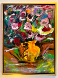 Claude Chaîné "Fleurs en fête" acrylique, 30x40 signée, encadrée