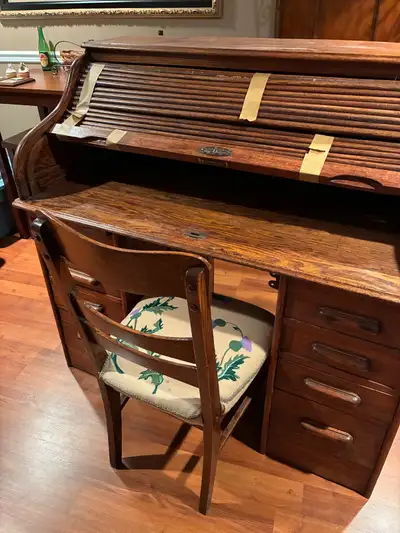 Antique roll top desk and chair, View more
