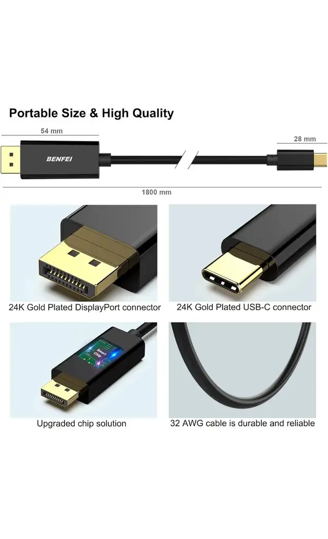 BENFEI USB C to DisplayPort 6 Feet Cable(8K@60Hz 4K@144Hz), USB  in General Electronics in Mississauga / Peel Region - Image 4