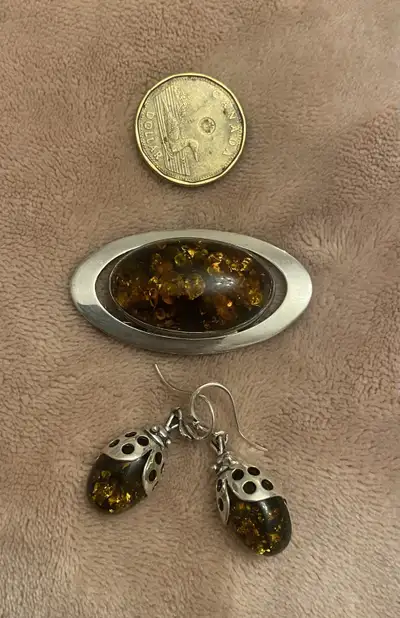 This is a beautiful set of Baltic amber jewelry, featuring a large brooch and matching earrings. The...
