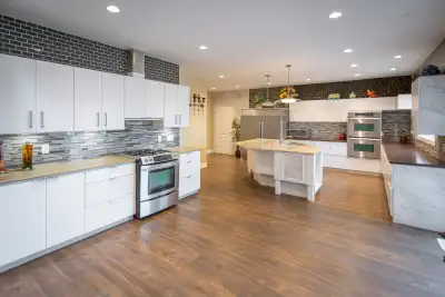 white kitchen cabinet  and appliances, View more