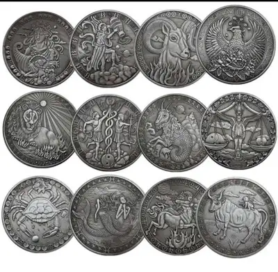 Twelve Constellations Zodiac Antique Silver Plated Coins set , View more