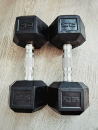 Rubber Encased Hex Dumbbell Weight  - 25 Pounds, Pack of 2