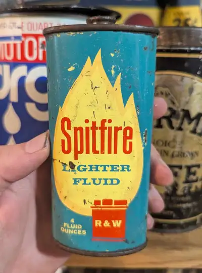 VINTAGE 1950's SPITFIRE LIGHTER FLUID (4 OZ.) HANDY OILER CAN, View more