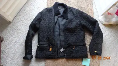 Lady black jacket,26in back length, zipper, buckle accenta brand, View more