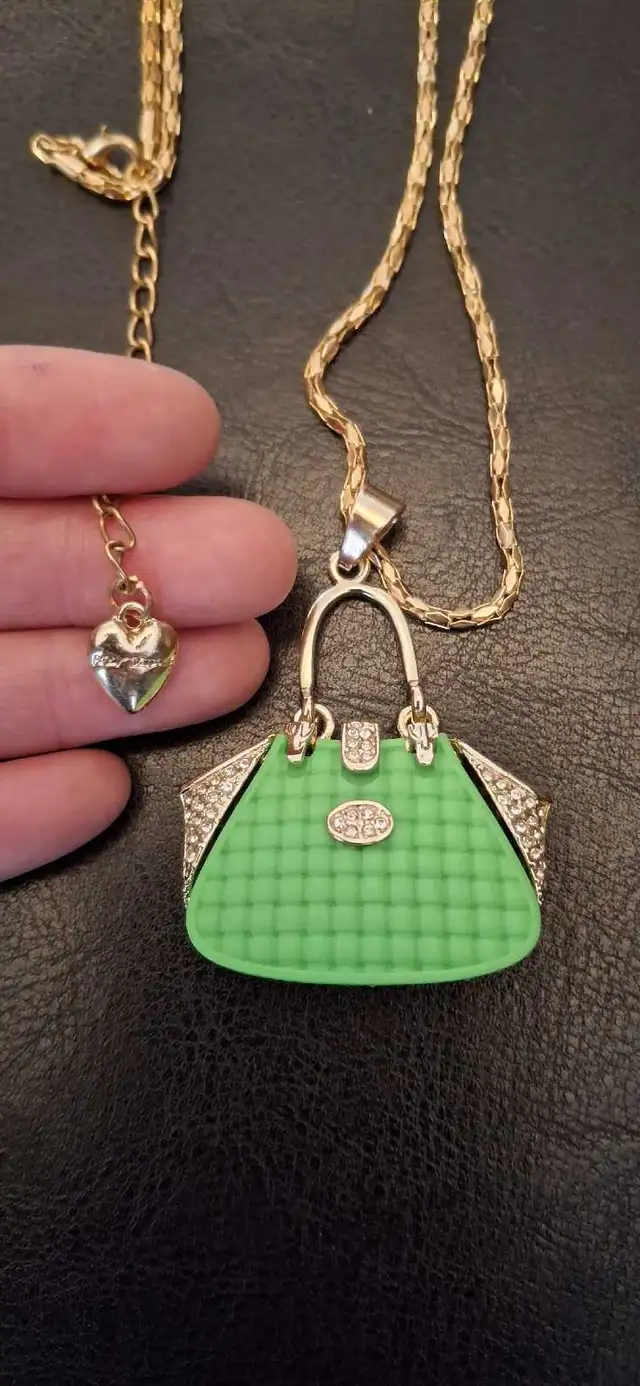 *New* Betsey Johnson Green Handbag Necklace with Rhinestones
