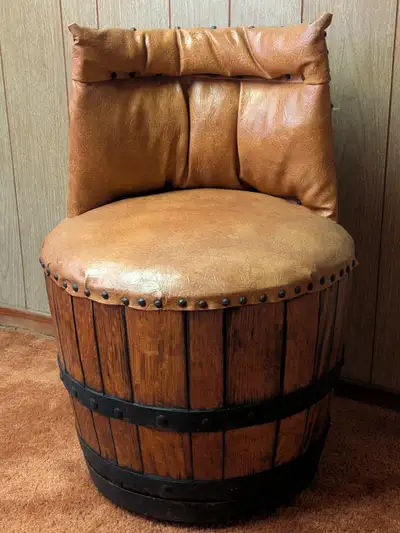Vintage Hand Made Barrel Chair with Leather Seat and Back, View more