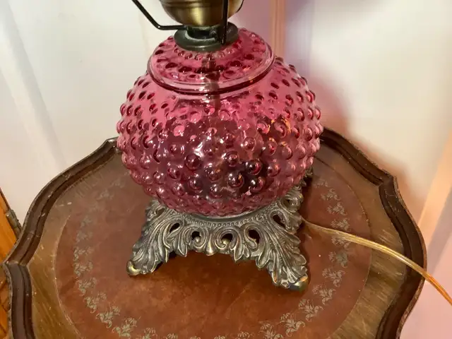 Vt Cranberry Red Hobnail Hurricane Double Lt Lamp Bronzed Base in Indoor Lighting & Fans in Belleville - Image 8