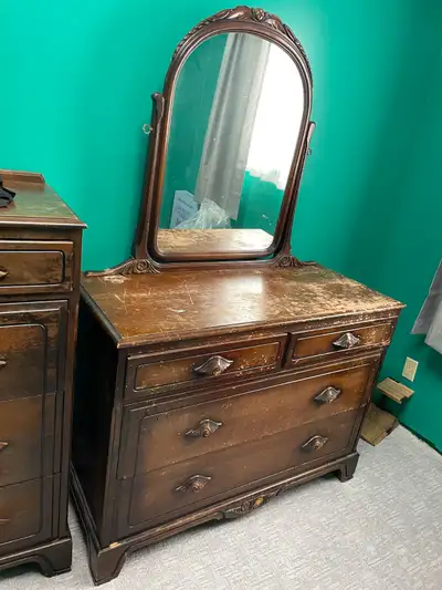 highboy chest of drawers and dresser c/w mirror dated 1937, View more