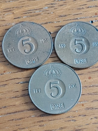 3 Sweden Swedish 5 Ore Crown coins