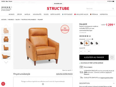 Fauteuil inclinable 100% cuir couleur caramel, View more