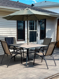 Patio table, umbrella and table set
