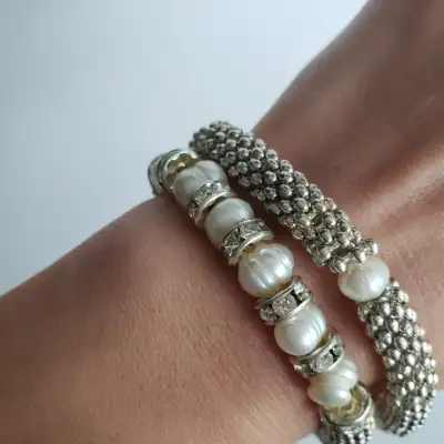 Set of 2 VTG Swarovski Freshwater Pearl and Rhinestone Bracelets, View more