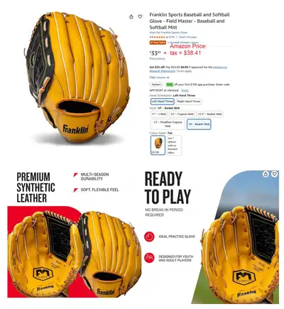 Baseball and Softball Glove/Mitt 14" Lefthand Throw, View more