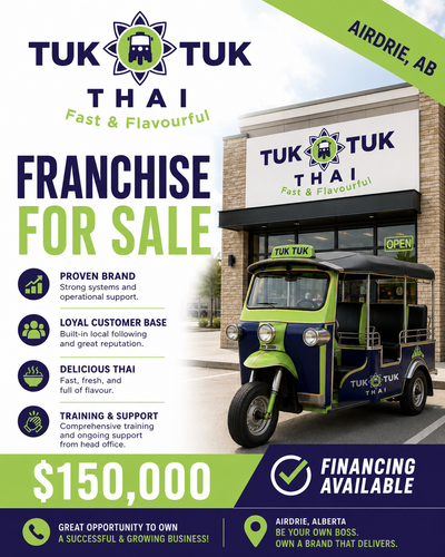 Tuk Tuk Thai – Airdrie Franchise FOR SALE Financing Available!!! An incredible opportunity to own an...