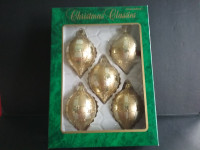 Christmas Tree Ornaments - Vintage 5pc Gold Glitter Tear Drop
