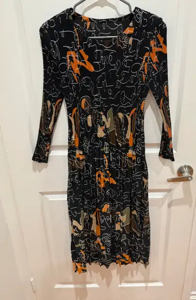 Pleated midi dress, abstract print, View more