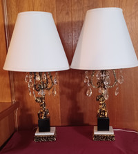 Vintage Mid Century Brass Angel Cherub Lamps, Crystal Teardrops