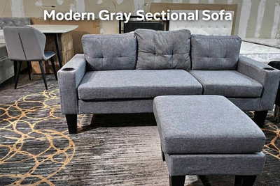 • Stylish Grey Sofa Set with Cup Holders & Ottoman, View more