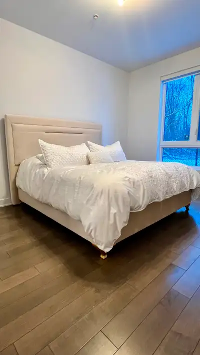 Beautiful King Size Suede bed with storage +custom made mattress, View more