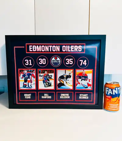 Edmonton Oilers Goalies Jumbo Framed Picture featuring Grant Fuhr, Bill Ranford, Dwayne Roloson, Stu...