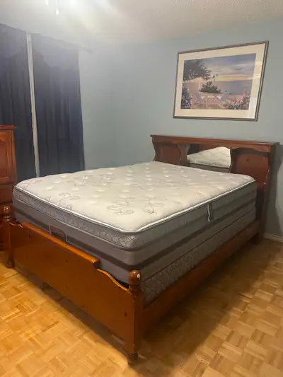 Solid Wood Queen Bed Frame, Box Spring, Mattress & Tall Armoire, View more