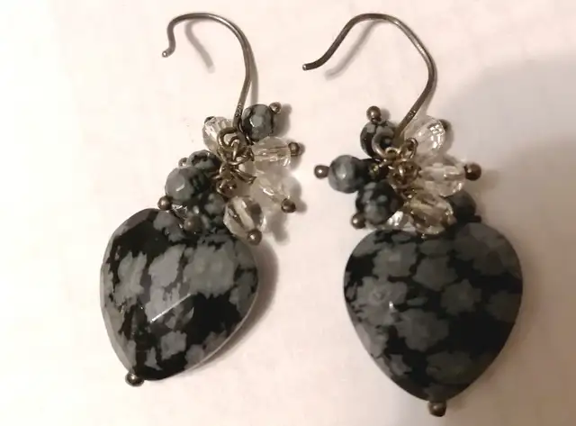 925 Sterling Silver Natural Snowflake Obsidian earrings New