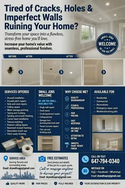 drywaller/taper available for small jobs and repairs , View more
