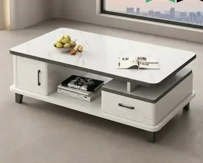 Modern white marble-look coffee table with storage 120/60/41cm , View more