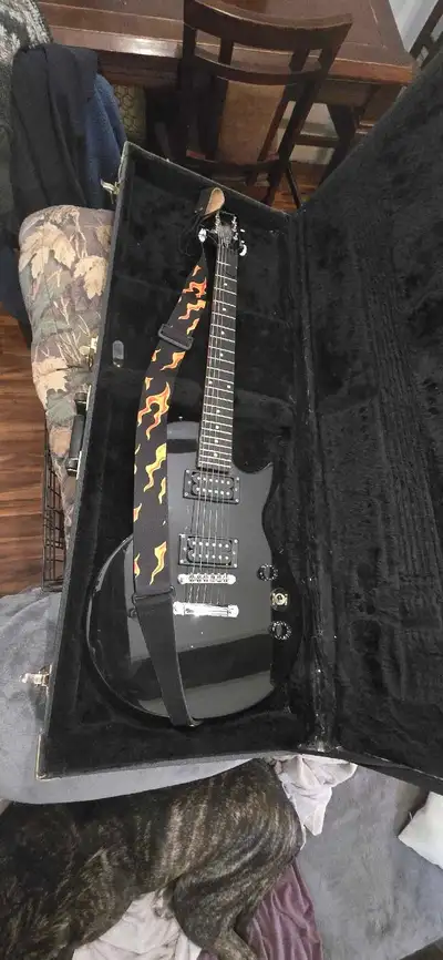 epiphone electric guitar with amp, case, cords and stand, View more