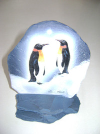 Vintage Hand painted Penguins on Slate Art  -- Made in Canada