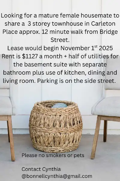 Renting a cozy 2 room suite in basement of a cute townhouse in Carleton Place centrally located for...
