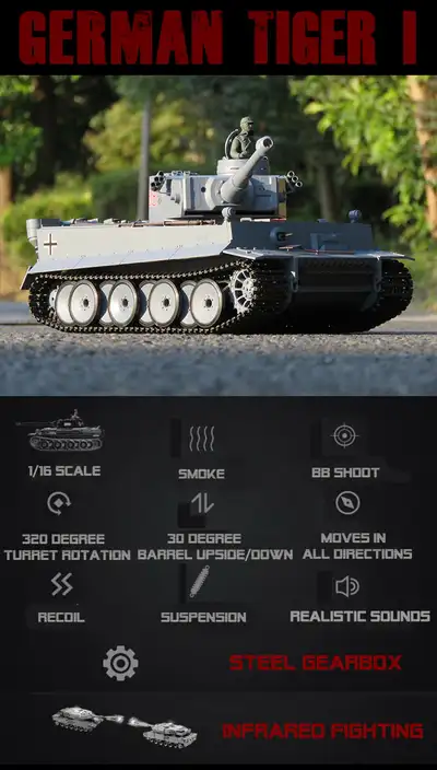 1/16 2.4G RC HengLong Smoke&Sound German Tiger I Tank 3818 NEW, View more
