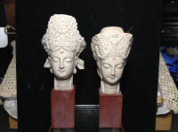 Two Beautiful Chinese Carving Kwan-Yin Guanyin Buddha Head Statu