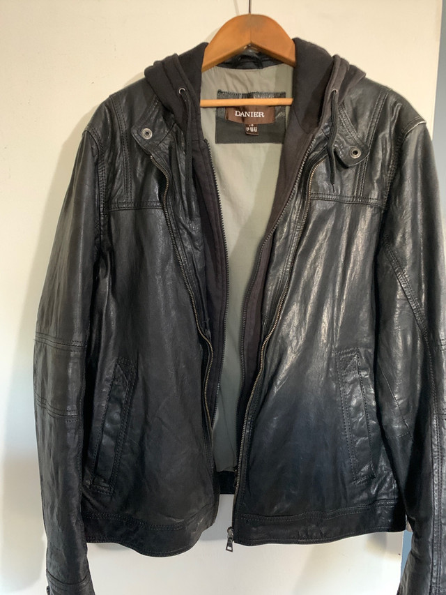 Leather jacket with hoodie.  in Men's in St. Catharines