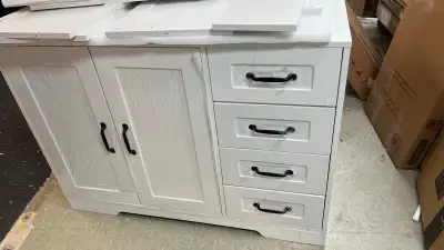 Modern Sideboard Buffet Cabinet with Drawers and Beadboard Door Cupboard Kitchen Storage Cabinet Whi...