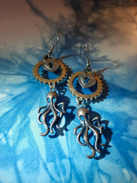 Brass Octopus & Gear Locket Dangle Earrings