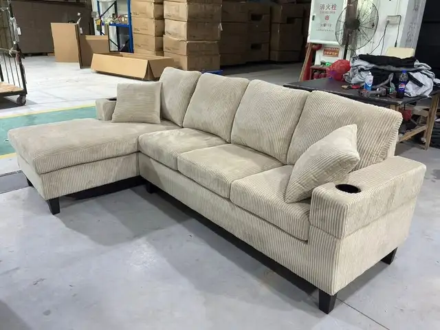 Beautiful Beige Corduroy Sectional Sofa with Cushions Buy Now  in Couches & Futons in Sarnia - Image 2