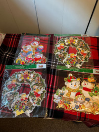 Christmas winter paper wreath and snowman decor pieces for door