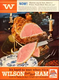 1954 full-page (10 ¼ x 14) color magazine ad for Wilson’s Ham