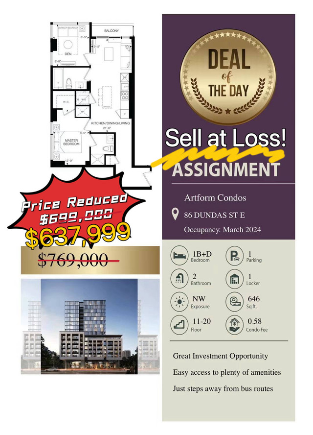 Artform Condo 1B+Den Assignment Sale ‼️Sell at Loss‼️  in Condos for Sale in Mississauga / Peel Region